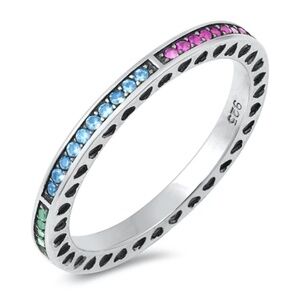 Sterling Silver CZ Ring – Rainbow Band with Heart Detailing (Size 8)